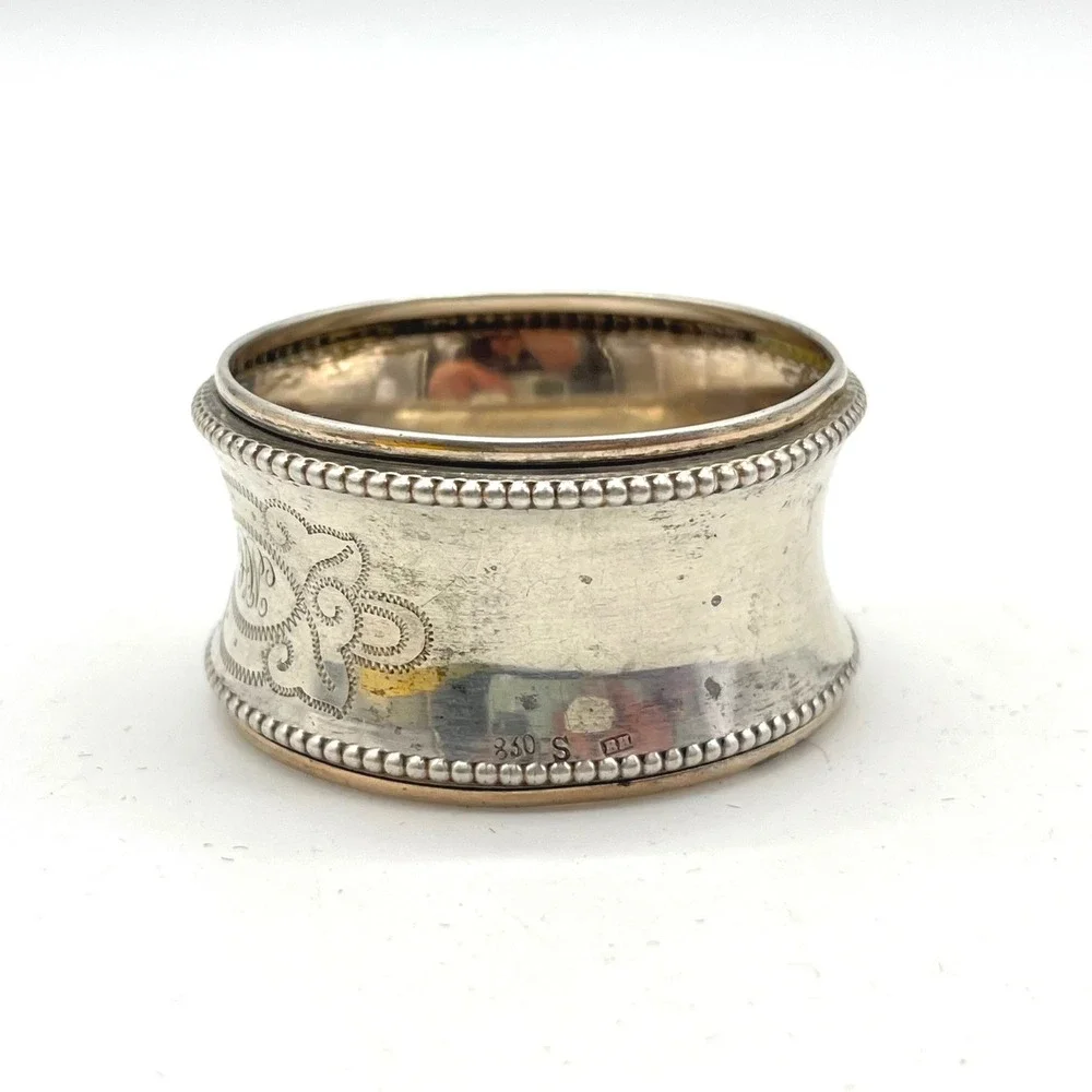 Antique 830 Silver Napkin Ring Monogram MH Beaded Scroll Engraved 10.4g